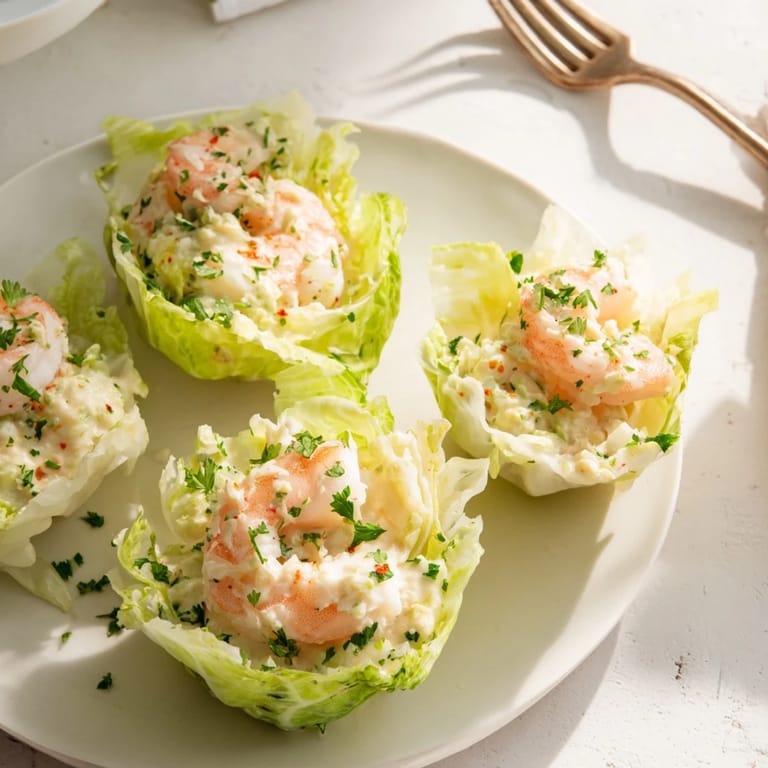 Savory shrimp Alfredo served in crisp cabbage cups, a flavorful, healthy twist.