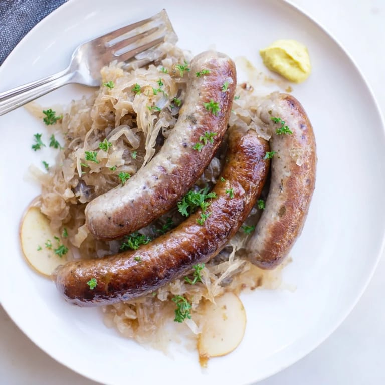 Comforting Oktoberfest Knackwurst dish garnished with fresh parsley and German mustard.  