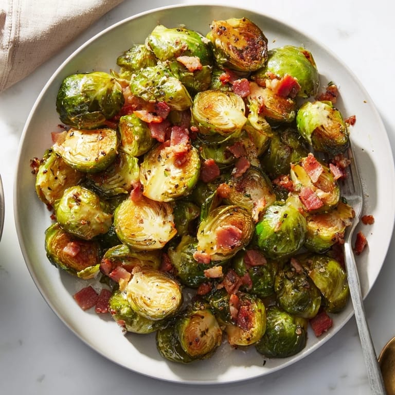 Savory roasted Brussels sprouts with bacon, offering a delicious, crunchy side dish.  