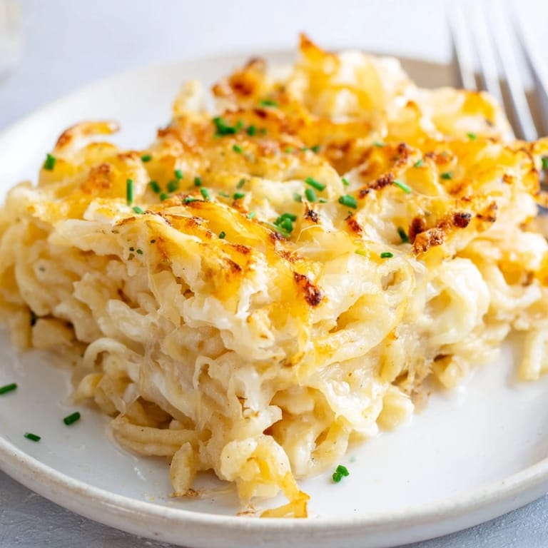 Comforting Cheesy Spaetzle Bake, rich with caramelized onions and fresh herbs.  