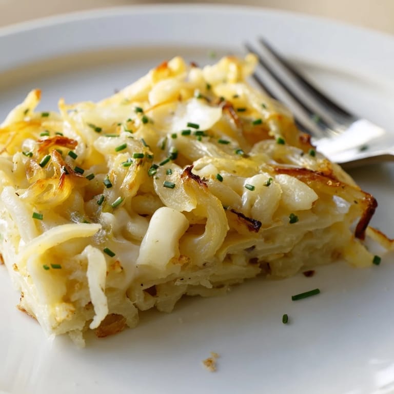 Oven-baked Cheesy Spaetzle Bake, featuring tender noodles and a cheesy topping.