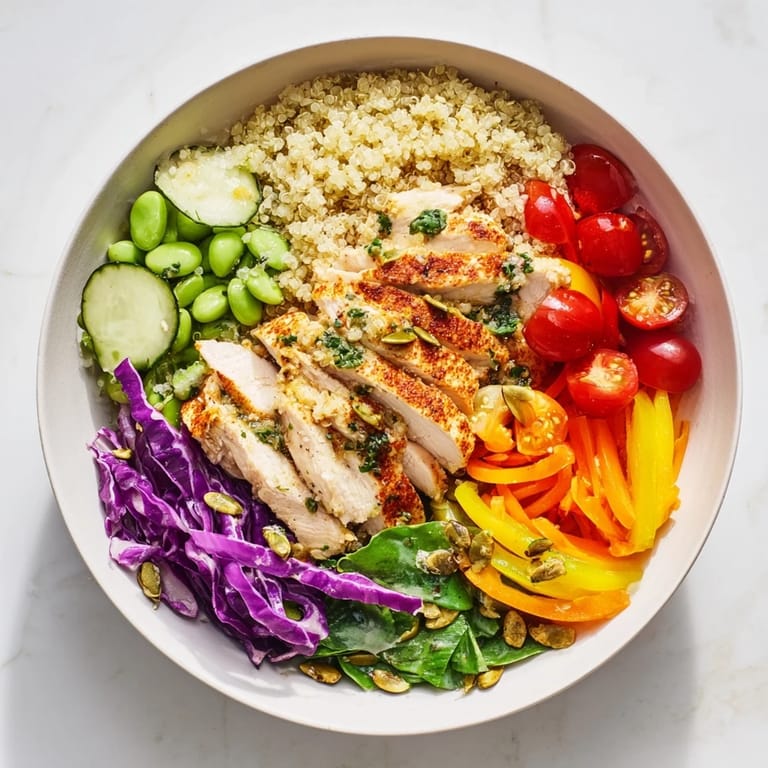 Colorful meal-prep bowls featuring grilled chicken, fresh vegetables, and tangy dressing.  