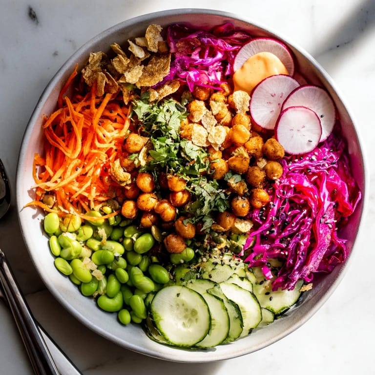 Refreshing ASMR Crunch Snack Bowls featuring layers of fresh vegetables and a spicy dip.