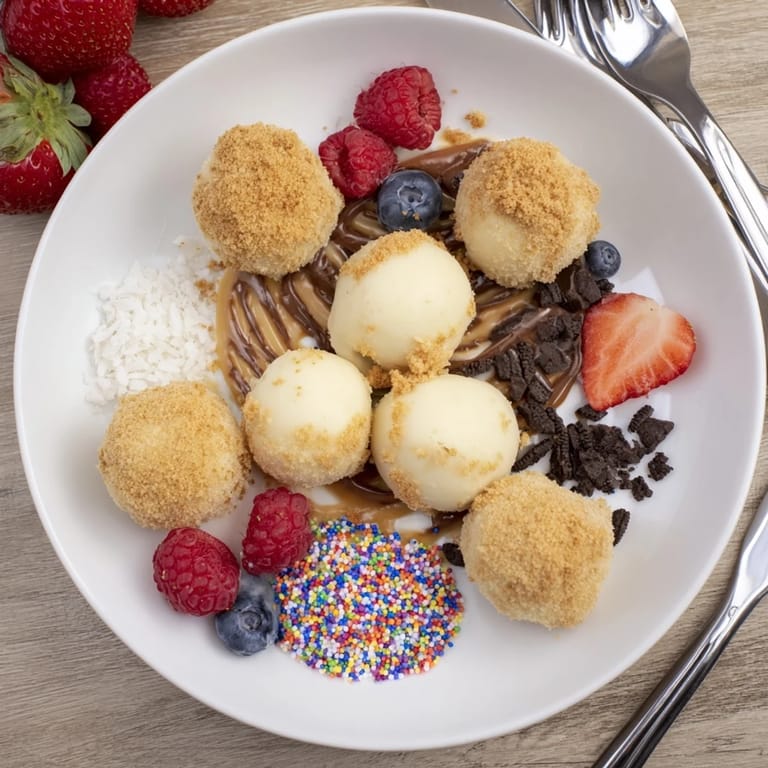 Interactive cheesecake bites dessert board with fresh fruit and indulgent sauces.  