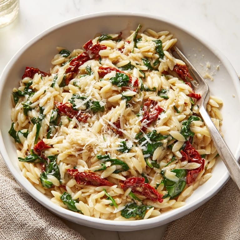 Deliciously creamy Tuscan Orzo Bowl, perfect for a comforting and hearty meal.