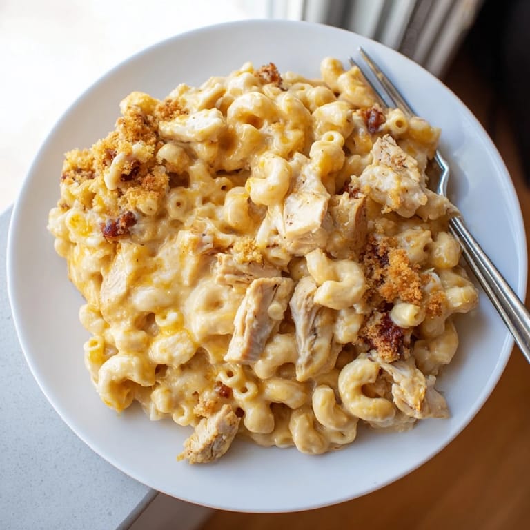 Delicious Classic Mac & Cheese with BBQ Chicken, perfect for family gatherings and comfort.  