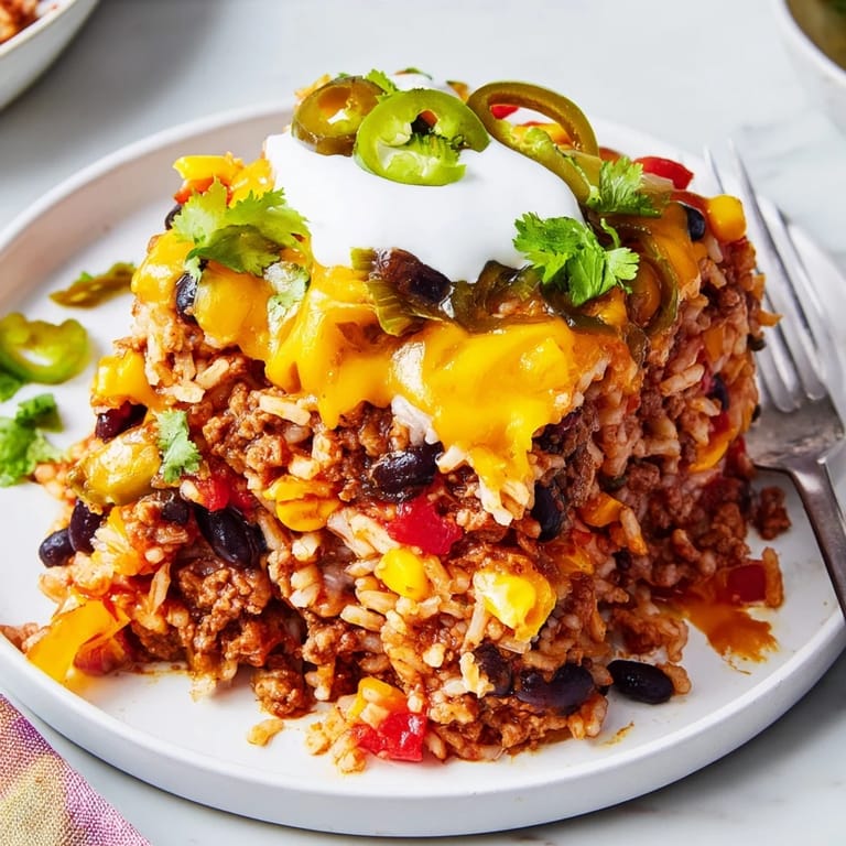 Comforting Tex-Mex Beef & Rice Casserole, bursting with zesty flavors and melted cheese.