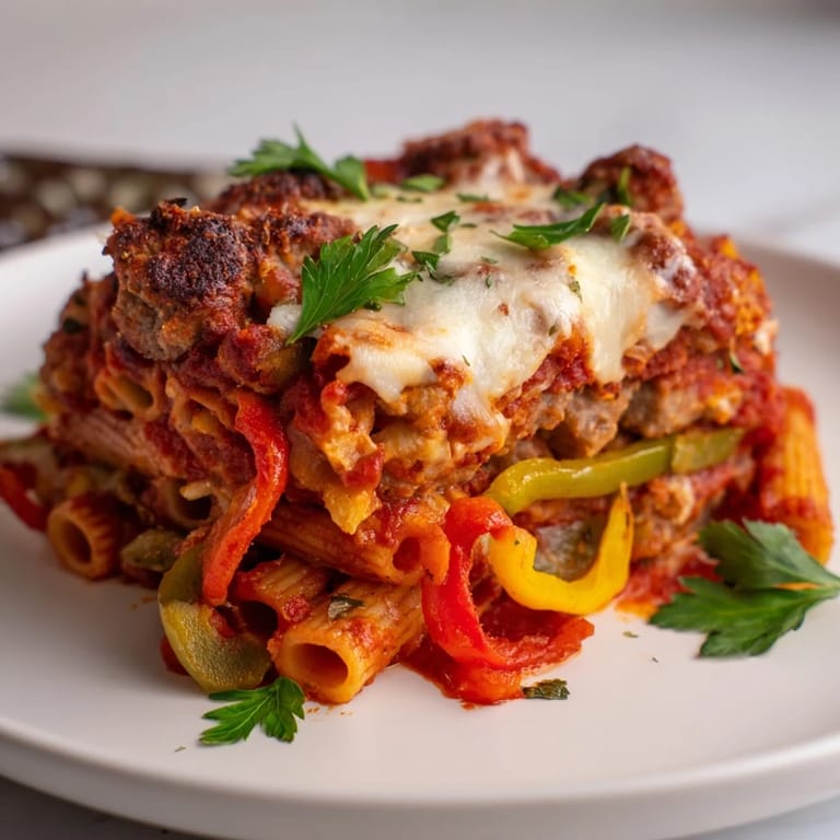 Savory Baked Rigatoni with Sausage & Peppers nestled in a rich tomato sauce.  