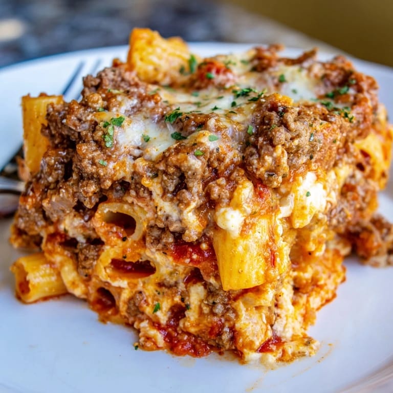 Golden-brown Baked Ziti with Meat Sauce, reminiscent of cozy family dinners.  
