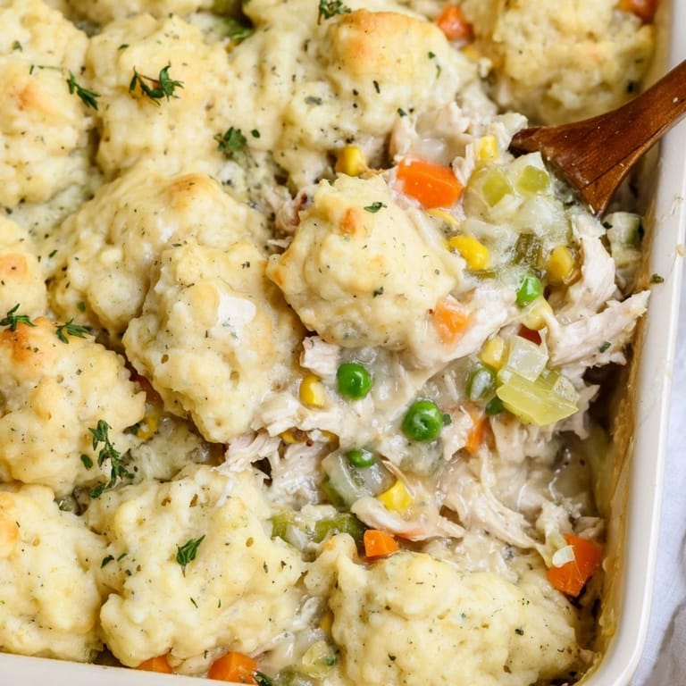 Golden dumplings atop savory chicken and veggies in a comforting casserole dish.  