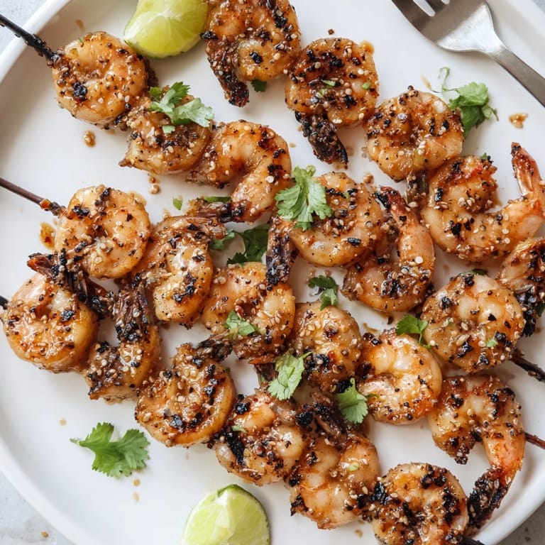 Delicious grilled Honey BBQ Sriracha shrimp skewers served with vibrant lime wedges.  