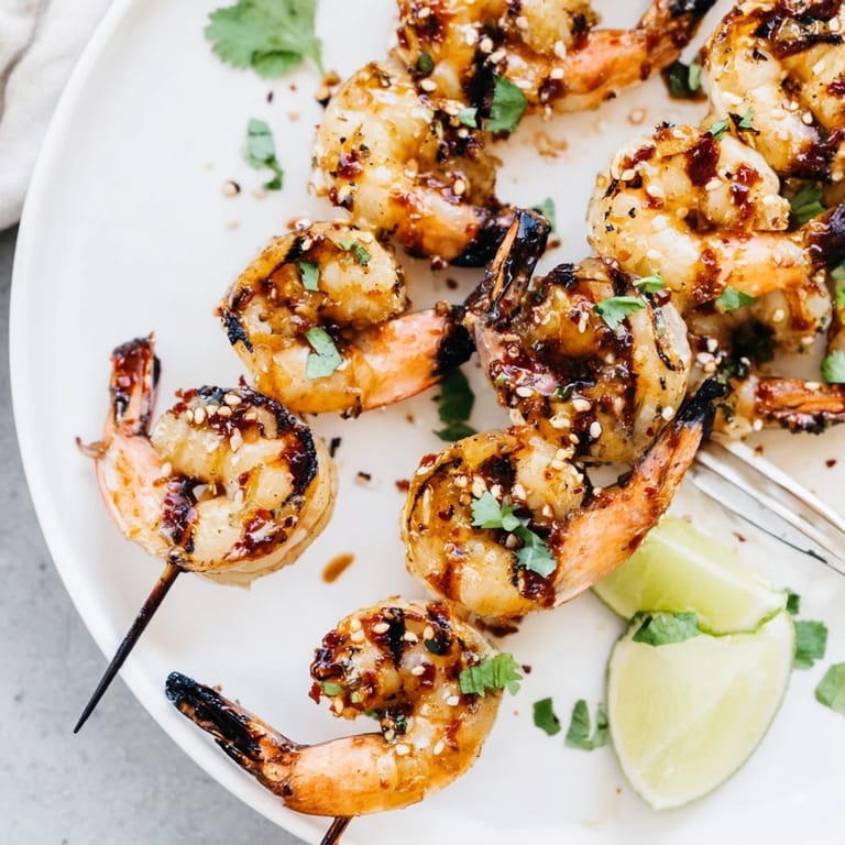 Savory and smoky Honey BBQ Sriracha shrimp skewers bursting with flavor and color.