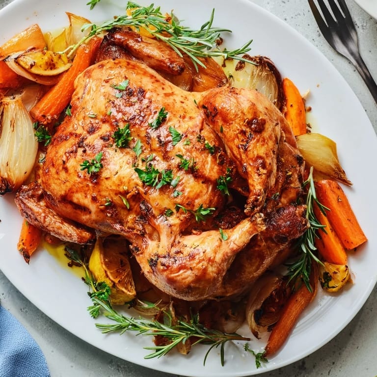 Succulent Lemon & Herb Roasted Whole Chicken, served with caramelized vegetables and zesty flavor.