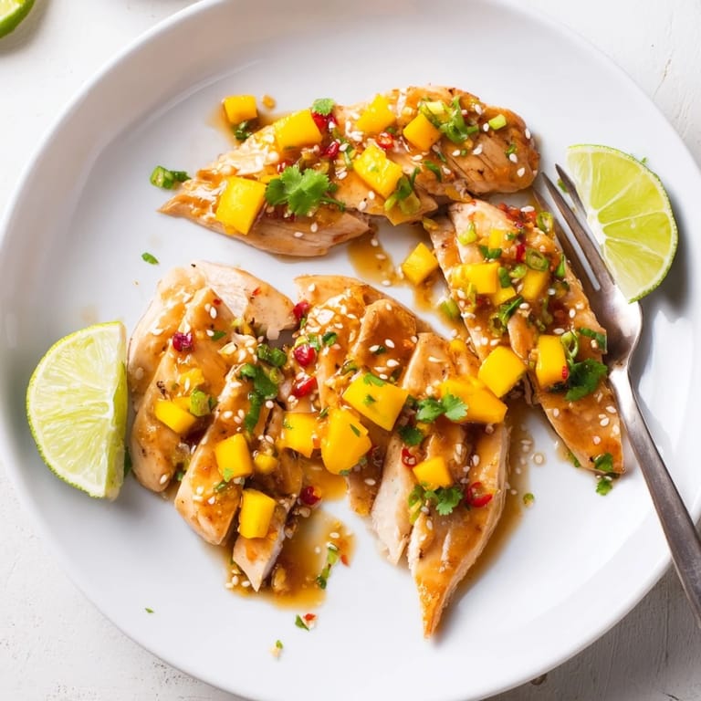 Sizzling Sweet & Spicy Mango Chicken drizzled in vibrant mango sauce, perfect for dinner.  