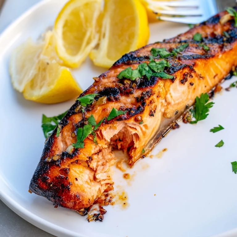 Savor the sweet and tangy honey ginger grilled salmon, beautifully garnished with lemon wedges.  