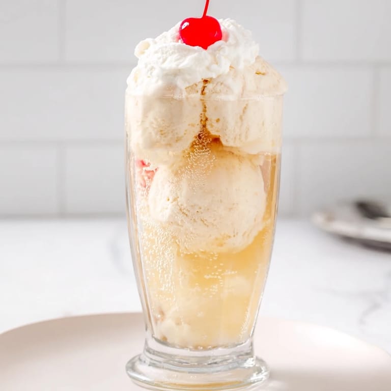 Enjoy a refreshing Homemade Cream Soda Float, swirled with vanilla ice cream and optional garnishes.