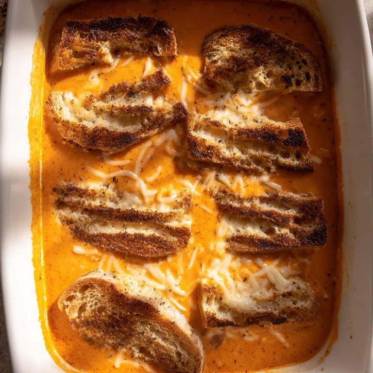 Buttery bread and melted cheese layer the delightful Easy Tomato Soup & Grilled Cheese Casserole Bake.