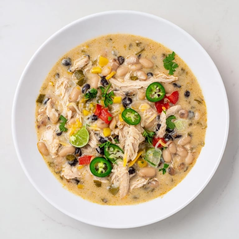 Thick and hearty Slow Cooker White Chicken Chili with black beans, perfect for a cozy dinner.