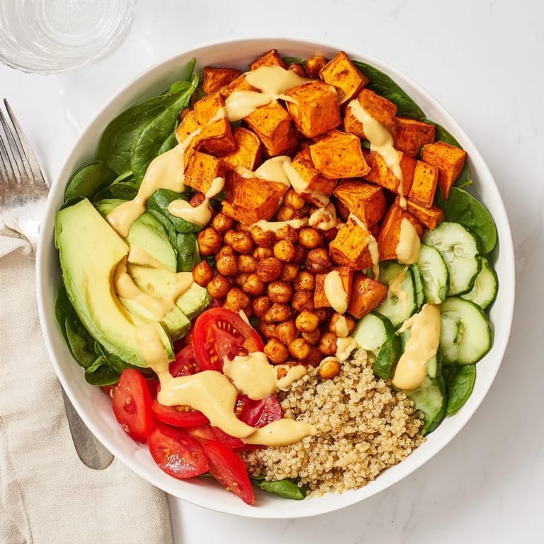 Wholesome Sweet Potato & Chickpea Buddha Bowl brimming with fresh veggies and crispy chickpeas.  