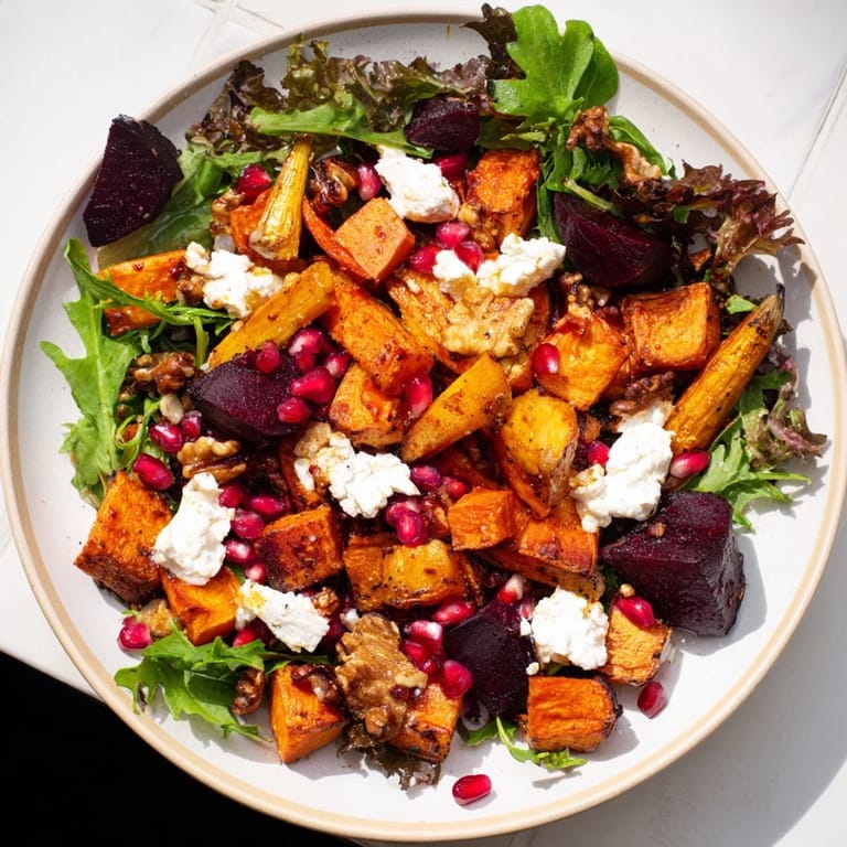Vibrant image of the seasonal root vegetable & goat cheese salad, topped with ruby pomegranate.