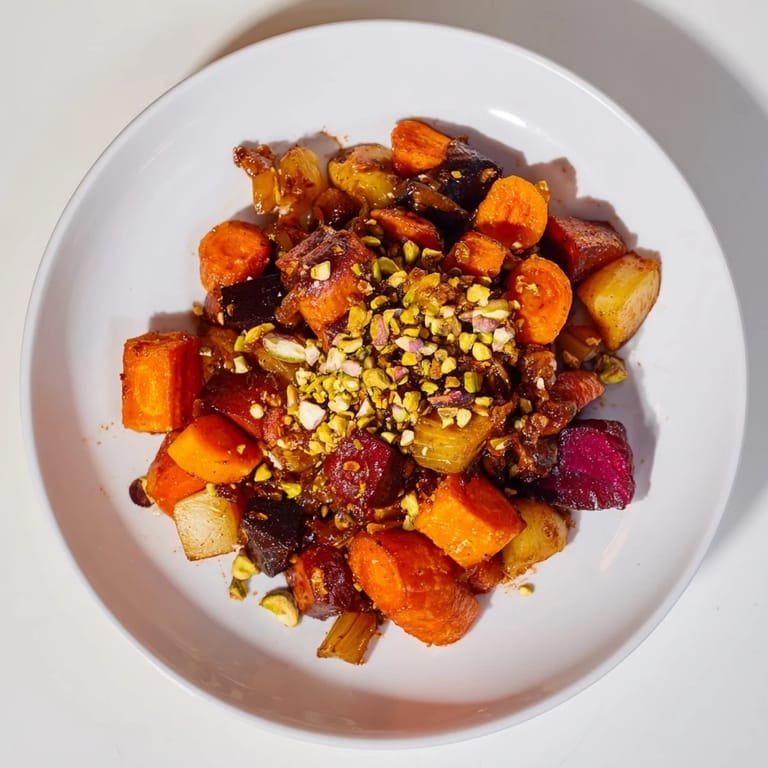 This close-up shows the tender Balsamic Glazed Root Vegetables, coated with a glossy balsamic reduction and crunch.
