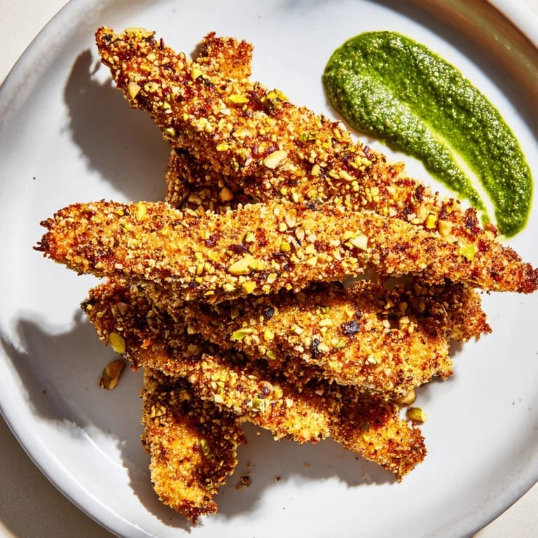 A close-up of beautifully baked Pistachio Crusted Turkey Tenders, showing its crunchy pistachio crust and dipping sauce.