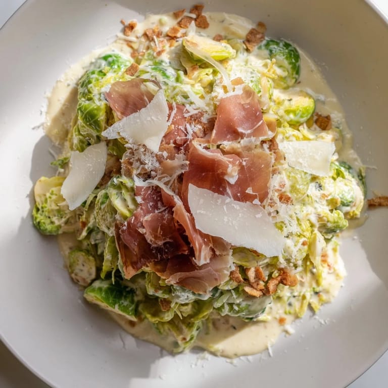 Close-up of a Warm Brussels Sprouts Caesar salad with crispy prosciutto, perfect side dish.
