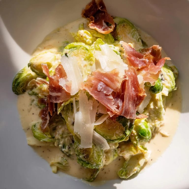 Golden-brown sautéed Brussels sprouts in a flavorful Warm Brussels Sprouts Caesar, a delicious meal.