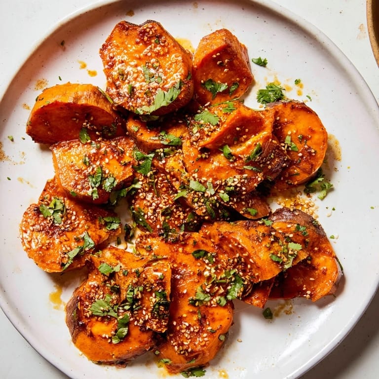 Warm Smashed Sweet Potatoes, glistening with gochujang honey butter, a fusion side dish ready to eat.