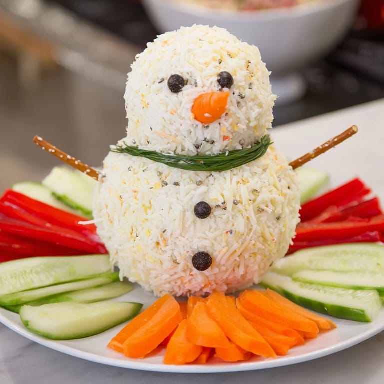 Creamy Savory Herb Cheeseball Snowmen are decorated with carrot noses, peppercorn eyes, and chive scarves.