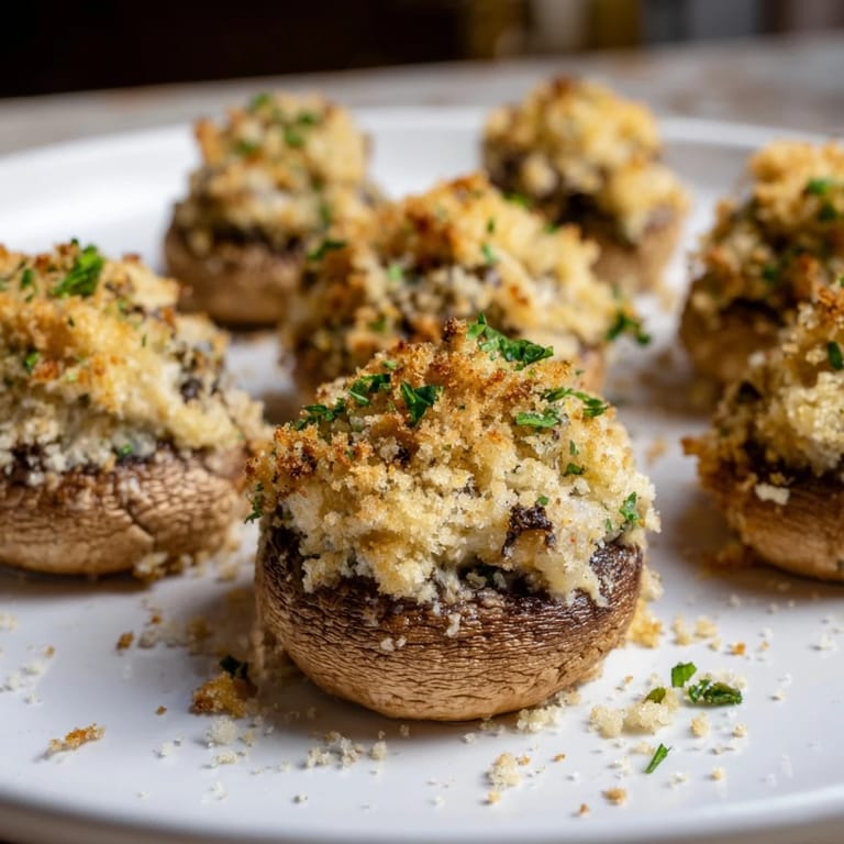 Close-up of savory Air Fryer Holiday Stuffed Mushrooms, overflowing with creamy, herb-infused filling.