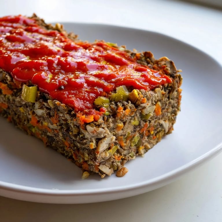 Hearty slices of this Festive Lentil Loaf, glazed with vibrant red peppers, await your enjoyment.