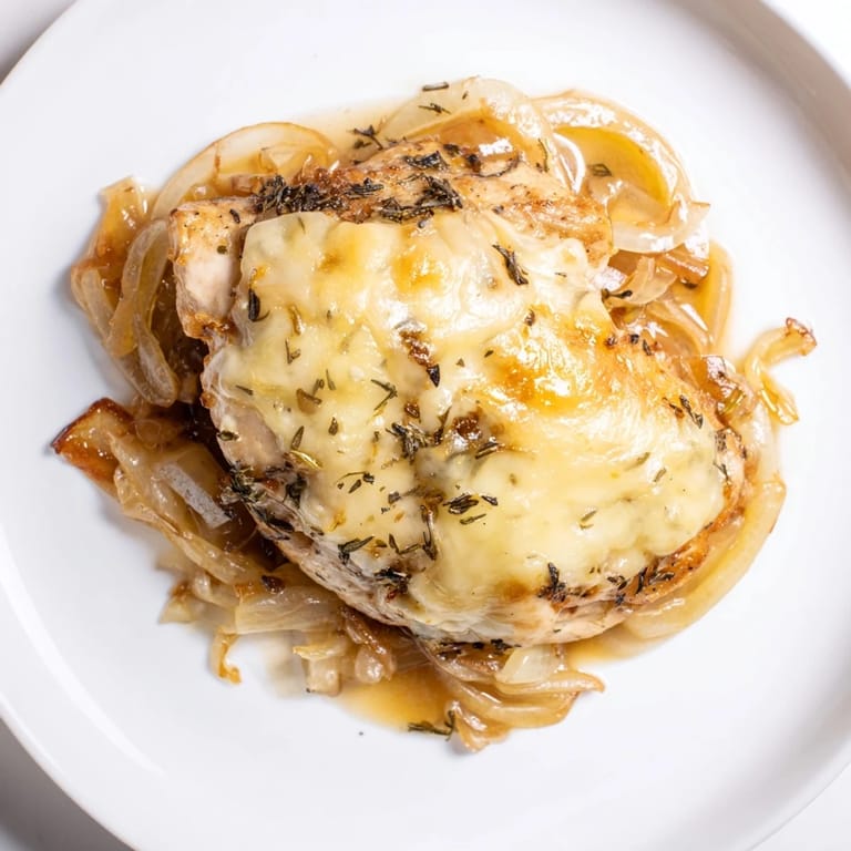 A close-up view of the tender Instant Pot French Onion Chicken served with bubbling cheese and caramelized onions.