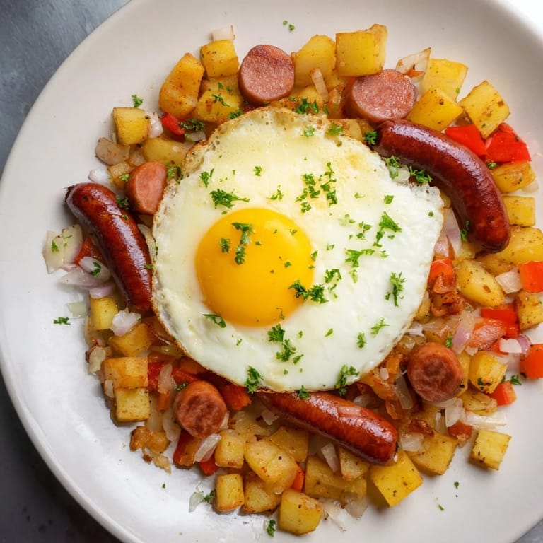 Savory Egg & Potato Hash: a skillet of crispy potatoes, eggs, and hot dogs, ready to eat.