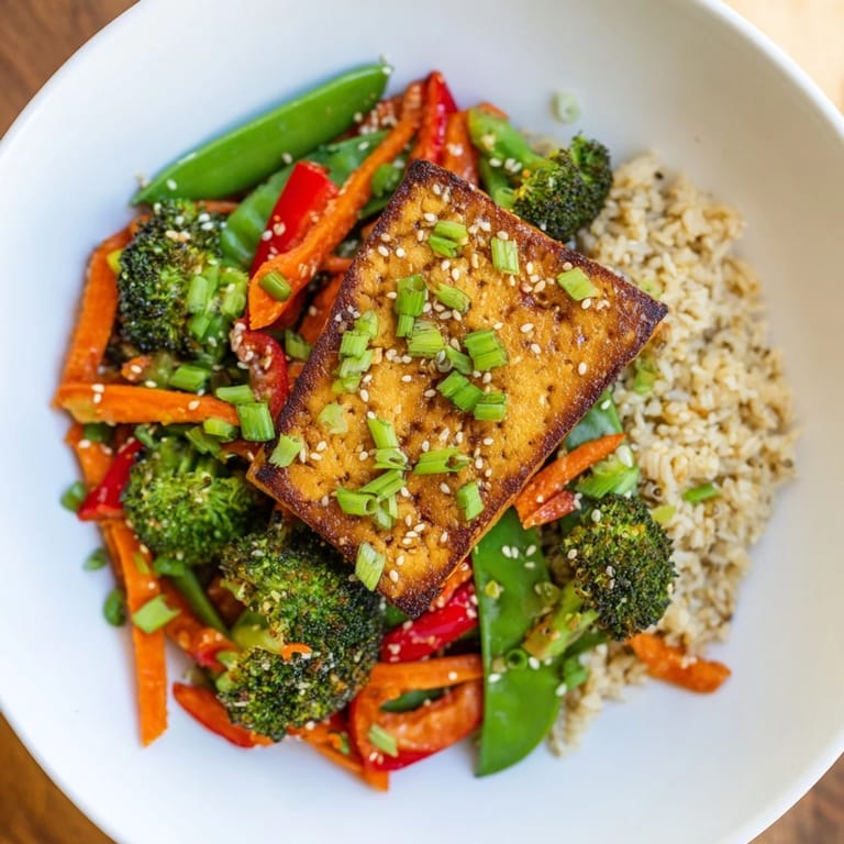 A healthy plate of pressed tofu steaks with vibrant veggies and rice, ready to eat.