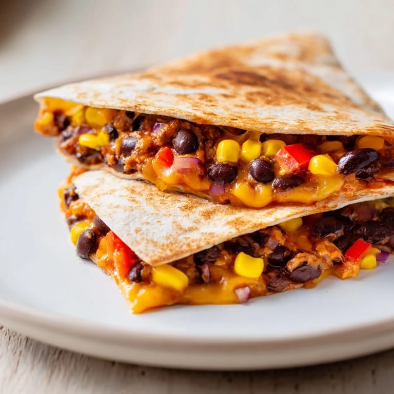 A close-up shot of a halved, folded tortilla wrap revealing melty cheese and bean mixture.