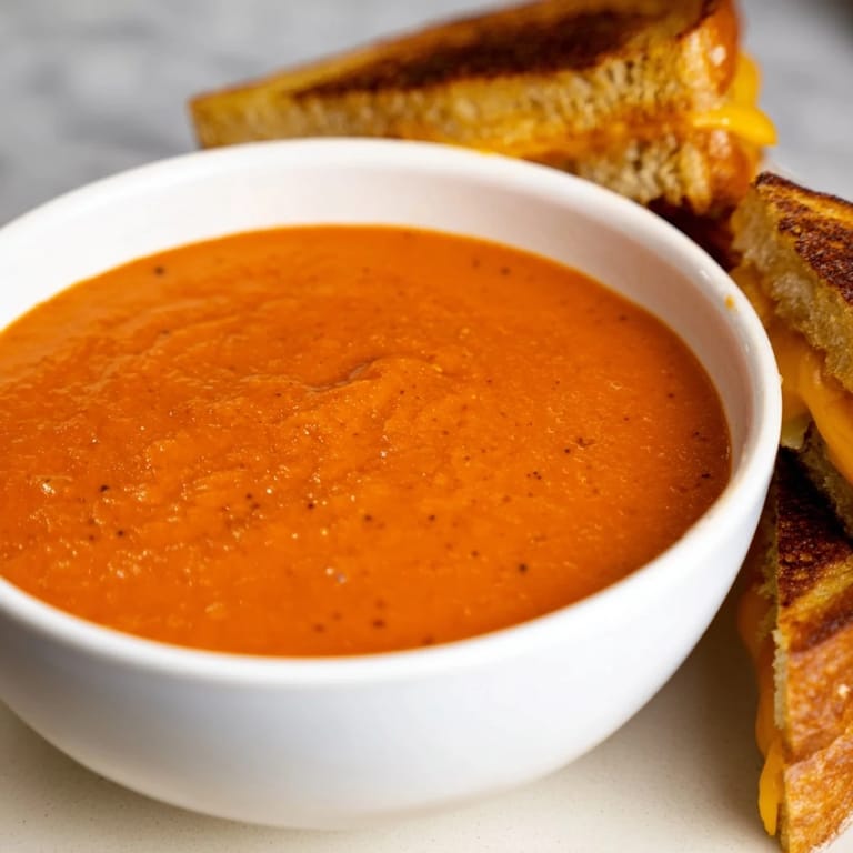 Perfectly grilled cheese strips await dipping into creamy, vibrant 5-Ingredient Tomato Soup in this delicious meal.