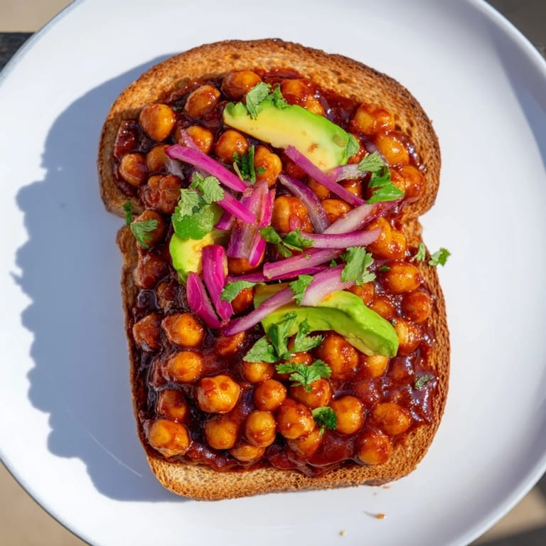 Tender, smoky BBQ Chickpeas on Toast offering a satisfying vegan meal with avocado and lime.
