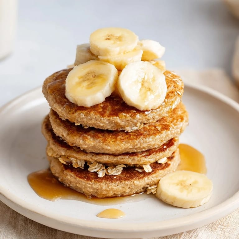 A plate of fluffy banana oat pancakes, visually appealing and perfect with fresh berries and yogurt.