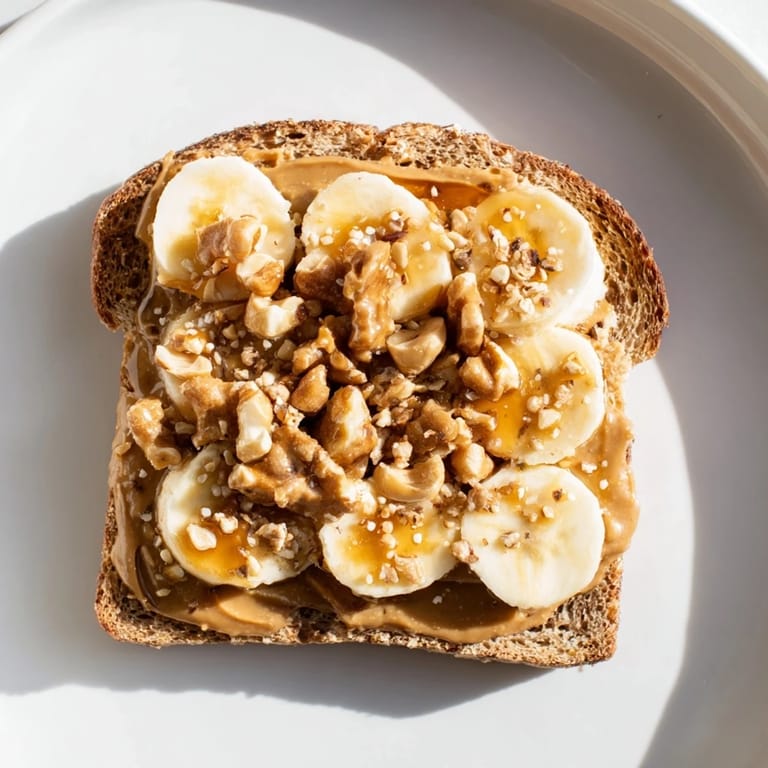 A layered peanut butter & banana sandwich upgrade, delicious with honey drizzle and fresh banana slices.