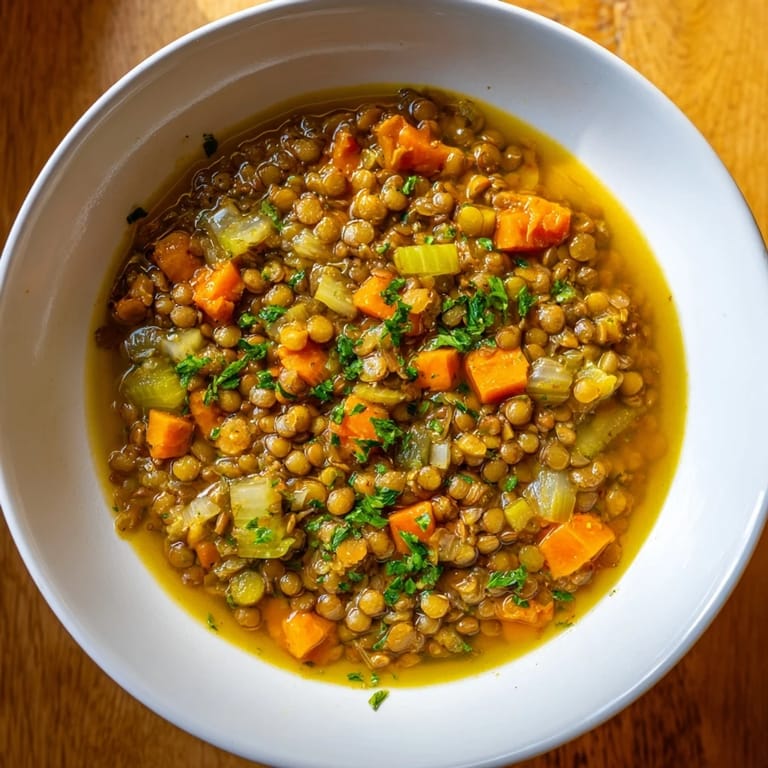 A close-up shot of the flavorful Lentil Soup, showcasing tender lentils and colorful vegetables.