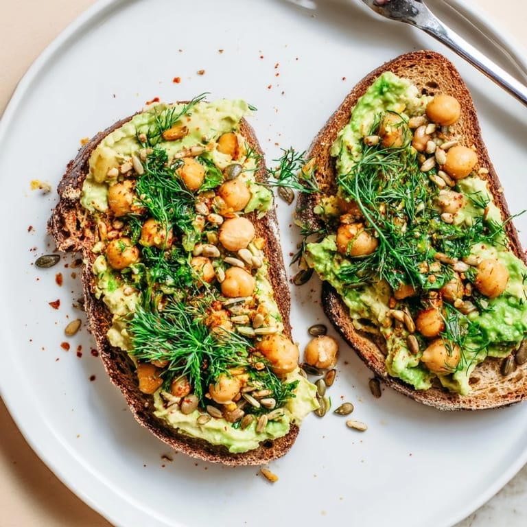 Vibrant avocado toast recipe featuring spiced chickpeas and a delightful herb garnish, ready to eat!