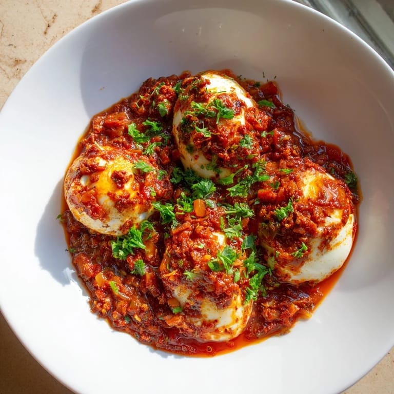 Golden yolks peek from savory baked eggs in tomato sauce, offering a delightful brunch or supper option.