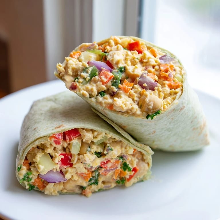 Freshly assembled chickpea salad wraps showing a filling of mashed chickpeas and crisp vegetables.