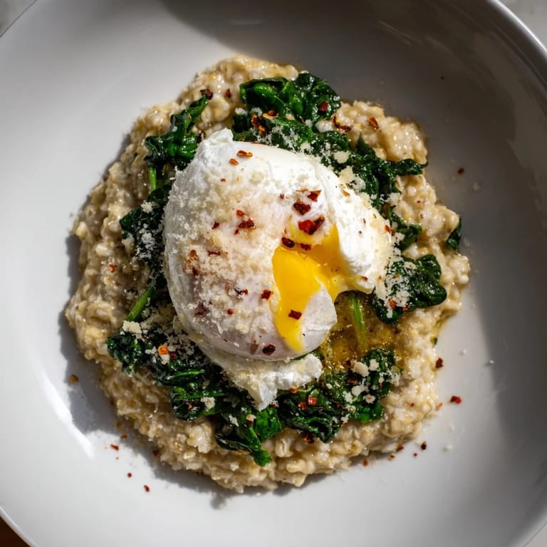 Hearty savory oatmeal, featuring sautéed spinach and a perfectly poached egg, ready to savor.