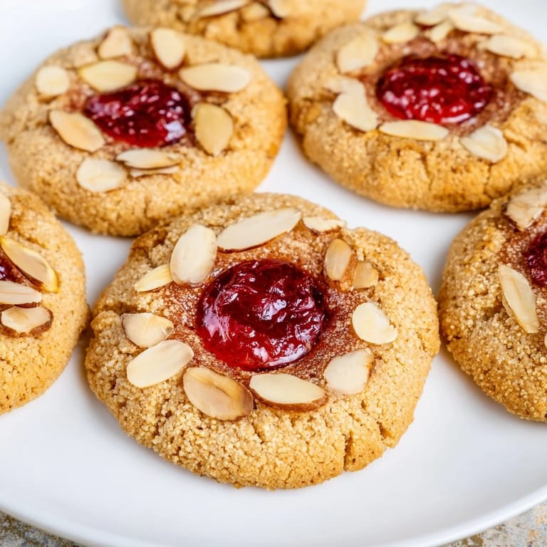 Close-up of freshly baked cherry almond thumbprint cookies, dusted optionally with sliced almonds, and ready to serve.