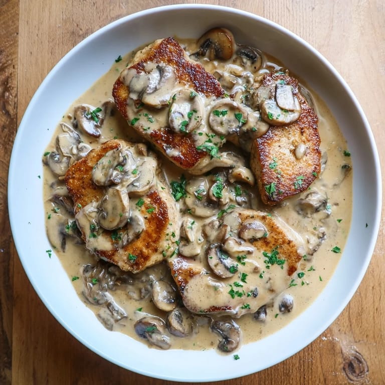 Sizzling Stove Top Pork Chops with a rich mushroom sauce, perfect for a cozy weeknight meal.