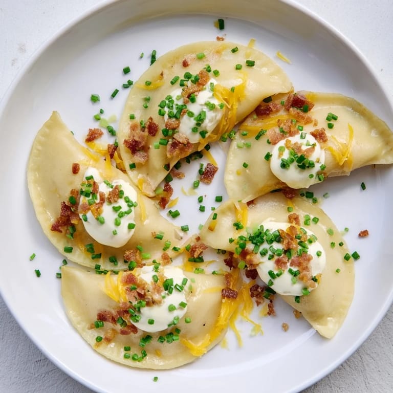 Close up of pillowy Loaded Baked Potato Soup Dumplings, showcasing fluffy filling and garnished chives.