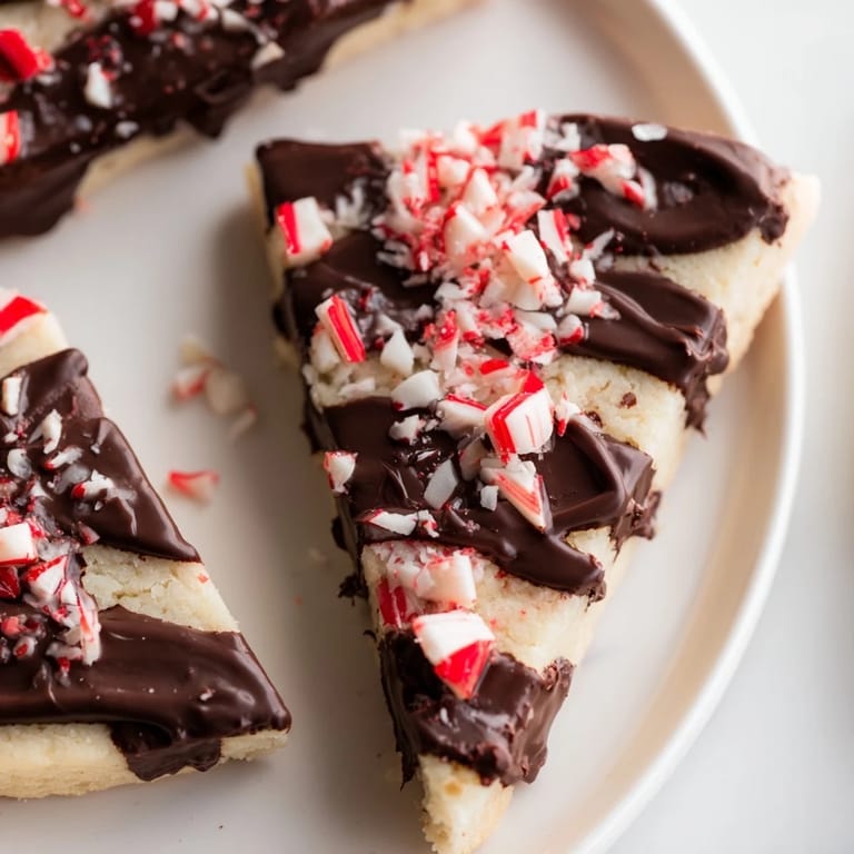 Close-up of freshly baked chocolate peppermint shortbread wedges with bright crushed peppermint candies sprinkled on top.