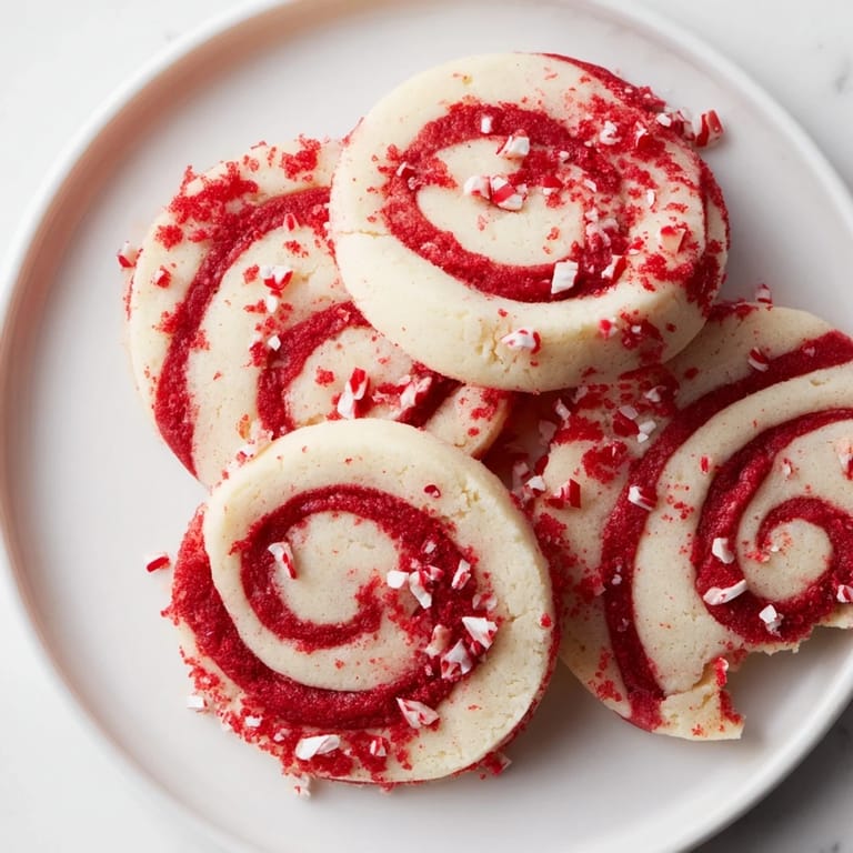 Golden-edged, sliced Candy Cane Pinwheel Cookies, ready to enjoy this delightful, festive holiday season.